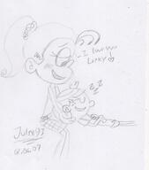 2017 artist:julex93 blushing character:lincoln_loud character:luan_loud dialogue eyes_closed half-closed_eyes hands_on_head heart looking_down luancoln lying sitting sketch sleeping smiling text // 444x505 // 45KB