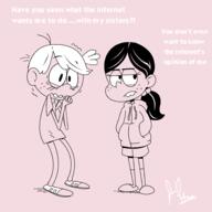 2016 artist:bunnyabsentia blushing character:lincoln_loud character:ronnie_anne_santiago dialogue frowning hands_clasped hands_in_pockets meta shaking shocked // 2800x2800 // 783KB
