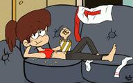 2022 artist:mediahead barefoot character:lynn_loud couch eating looking_at_viewer lying midriff on_back popcorn sofa sports_bra sports_panties underwear // 1680x1050 // 142.4KB