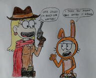2017 alternate_outfit animal_ears artist:adullperson bunny_ears bunnysuit character:leni_loud character:lincoln_loud cosplay costume cowboy dialogue easter easter_eggs egg gloves gun hat holding_object looking_at_another open_mouth smiling text // 1700x1388 // 792.5KB