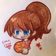 2016 artist:rb-kiuto basketball_ball character:lynn_loud chibi heart holding_object looking_at_viewer open_mouth smiling solo text // 2048x2048 // 683KB