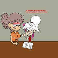 2nd_gen aged_up artist:nicksfa book character:lacy_loud character:leda_loud comic dialogue looking_at_another ocs_only original_character sin_kids smiling super_abomination // 1292x1302 // 311.6KB