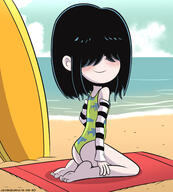 2020 artist:javisuzumiya barefoot beach blushing character:lucy_loud feet on_knees one_piece_swimsuit smiling solo surfboard swimsuit towel // 4000x4444 // 1.4MB