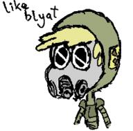 2017 alternate_outfit artist:fake character:leni_loud dialogue gas_mask mask parody s.t.a.l.k.e.r. solo text // 214x211 // 16KB