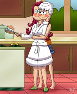 2021 aged_up agnescoln alternate_hairstyle alternate_outfit arms_around_belly artist:julex93 barefoot bathrobe blushing character:agnes_johnson character:lincoln_loud commission cooking fanfiction:last_summer feet fire hair_down half-closed_eyes hand_on_cheek holding_object hug hugging kitchen looking_at_another on_toes shadow smiling waffle window // 1800x2200 // 2.4MB