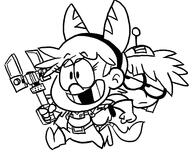 2016 alternate_outfit animal_ears artist:andeathisbike artist:phildoodledraws carrying character:lana_loud character:lisa_loud cosplay fist half-closed_eyes headband helmet holding_object ratchet_and_clank running smiling video_game wrench // 1371x1119 // 165KB