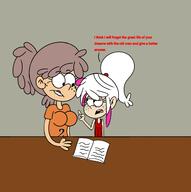 2nd_gen_sinkids aged_up artist:nicksfa book character:lacy_loud character:leda_loud comic dialogue frowning lacycoln looking_at_another ocs_only original_character pointing sin_kids super_abomination // 1292x1302 // 294KB