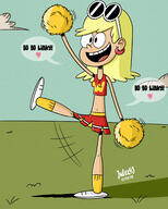 2018 alternate_outfit artist:julex93 character:leni_loud cheerleader cheerleader_outfit cloud dialogue hearts midriff open_mouth raised_leg shadow smiling solo text // 2000x2500 // 2.1MB