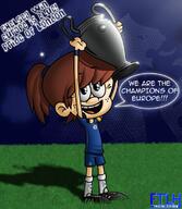 alternate_outfit artist:fanstheloudhouse character:lynn_loud dialogue grass looking_up raised_arms smiling soccer solo sports sports_uniform sportswear text trophy // 1000x1150 // 225.4KB