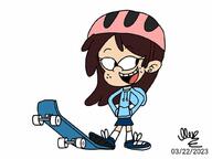 2023 alternate_outfit Artist:the_loudest_artist character:sid_chang hands_in_pockets helmet hoodie looking_to_the_side open_mouth skateboard smiling solo // 1024x768 // 60KB