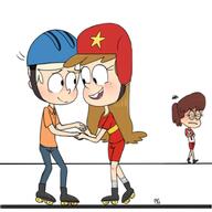 arms_crossed artist:pyg blushing character:lincoln_loud character:lynn_loud character:margo_roberts hand_holding helmet jealous looking_at_another lynncoln margocoln roller_skates smiling // 500x500 // 109KB