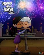 2022 alternate_outfit artist:eddyx character:lincoln_loud character:ronnie_anne_santiago fireworks kissing new_year night ronniecoln // 2000x2500 // 6.2MB