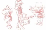 2016 alternate_outfit baseball_bat character:leni_loud character:luan_loud character:lynn_loud cosplay holding_gun holding_object holding_weapon lineup looking_at_viewer sketch smiling team_fortress_2 // 776x521 // 51KB