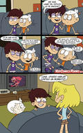 artist:monocromia character:lincoln_loud character:lori_loud character:luna_loud comic couch crossover freckles hands_on_hips living_room lunacoln size_difference spanish sweat tagme tv // 1280x2048 // 437.1KB