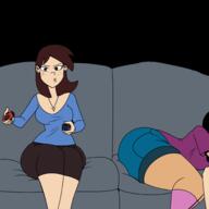 aged_up alternate_hairstyle artist:chillguydraws ass au:thicc_verse big_ass big_breasts character:lincoln_loud character:ronnie_anne_santiago character:sid_chang couch edit freckles interracial nintendo_switch shirts shorts socks thick_thighs transparent_background // 1500x1500 // 505KB