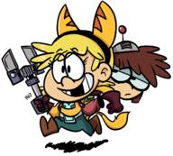 2017 alternate_outfit animal_ears artist:andeathisbike artist:phildoodledraws carrying character:lana_loud character:lisa_loud coloring cosplay fist half-closed_eyes headband helmet holding_object ratchet_and_clank running smiling video_game wrench // 1256x1132 // 392KB