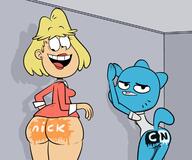 2017 artist:scobionicle99 ass big_ass bodypaint bottomless character:nicole_watterson character:rita_loud crossover hands_support logo looking_at_viewer looking_back looking_down open_mouth smiling the_amazing_world_of_gumball // 1200x1000 // 356.5KB