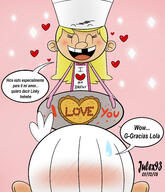 2018 alternate_outfit artist:julex93 blushing character:lincoln_loud character:lola_loud chef_hat dialogue eyes_closed food hearts holding_food holding_object lolacoln open_mouth plate redraw smiling spanish sweat text // 3000x3500 // 3.2MB