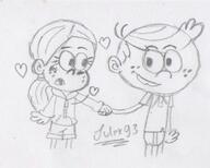 2017 artist:julex93 blushing character:lincoln_loud character:ronnie_anne_santiago hand_holding hearts looking_at_another open_mouth ronniecoln sketch smiling // 399x321 // 45KB