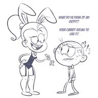 ! 2017 artist:scobionicle99 barefoot biting_lip blushing bunny_ears bunny_tail carrot character:lincoln_loud character:luan_loud dialogue hand_on_hip looking_at_another luancoln open_mouth raised_eyebrow sweat text thick_thighs thigh_highs wide_hips // 900x900 // 274.7KB