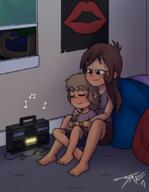 2020 artist:trillhouse barefoot blushing character:lemy_loud character:lyra_loud couch eyes_closed feet half-closed_eyes hand_on_shoulder hug hugging legs_crossed lunacoln ocs_only original_character radio sin_kids sitting smiling // 672x864 // 682KB