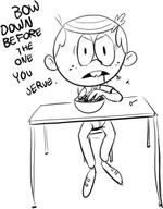 2017 artist:hake character:lincoln_loud eating looking_at_viewer sitting solo table talking_to_viewer // 500x641 // 41KB