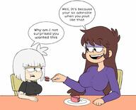 artist:redkaze big_breasts blushing cake chair character:laura_loud character:lyra_loud colorist:luzbel dialogue eating fork holding_object looking_at_another ocs_only original_character sin_kids smiling table // 2048x1656 // 194KB
