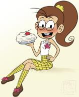 artist:trashytrina blushing character:luan_loud food hand_on_hip holding_food looking_at_viewer pie sitting smiling solo // 1367x1674 // 504.8KB
