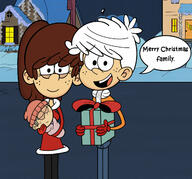 aged_up artist:hannaperan098 carrying character:lacy_loud character:lincoln_loud character:lynn_loud christmas dialogue looking_at_viewer lynncoln original_character present sin_kids smiling source_request // 1280x1191 // 216.3KB