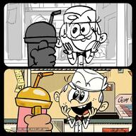 2017 alternate_outfit beverage character:flip character:lincoln_loud cup hands_on_cheeks official_art open_mouth screenshot:intern_for_the_worse smiling storyboard uniform unusual_pupils // 1080x1080 // 160KB