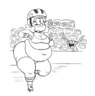 2017 artist:baryl ass background_character bbw big_belly big_breasts character:polly_pain character:thicc_qt cleavage fat frowning hand_gesture helmet open_mouth peace_sign sign skates ssbbw text // 690x699 // 82KB
