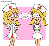 2021 aged_up artist:muffinzzstudio character:lana_loud character:lola_loud dialogue hand_on_hip hands_behind_back hat lanacoln lolacoln looking_at_viewer nurse talking_to_viewer // 3143x3000 // 1.1MB