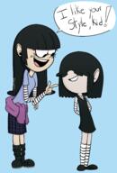 artist:mannysdirt character:lucy_loud character:maggie dialogue grin looking_at_another open_mouth smiling // 1773x2621 // 702.5KB