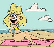 2019 artist:jose-miranda barefoot beach bikini character:rita_loud feet hands_on_hips looking_at_viewer sitting smiling solo swimsuit thick_thighs towel wide_hips // 1140x997 // 90KB