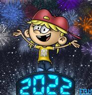 2022 alternate_outfit artist:fanstheloudhouse character:lana_loud fireworks looking_at_viewer new_year pose raised_arms smiling solo text_on_clothing // 1250x1300 // 302.5KB