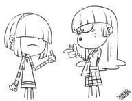 2017 alternate_hairstyle alternate_outfit artist:donchibi character:lucy_loud character:maggie holding_object lollipop middle_finger pointing // 1034x798 // 220KB
