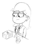 2017 alternate_outfit artist:chh990125 character:leni_loud frowning glasses half-closed_eyes looking_down mug paper sitting sketch solo table tie // 449x524 // 37KB