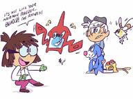 2016 alternate_outfit artist:teatimewithdragons character:lincoln_loud character:lisa_loud crossover cutiefly lab_coat pokemon popplio rotom smiling // 1080x810 // 92KB