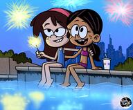 2019 4th_of_july arm_around_shoulder artist:thefreshknight character:ronnie_anne_santiago character:sid_chang fireworks holiday looking_to_the_side looking_up night one_piece_swimsuit open_mouth sitting smiling sparkler swimsuit // 2048x1694 // 526.6KB