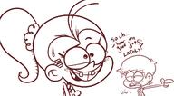 2016 artist:andeathisbike blushing character:luan_loud character:luna_loud dialogue hand_gesture looking_at_viewer open_mouth pointing raised_eyebrow sketch smiling sweat text // 1201x663 // 27KB