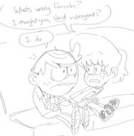2016 arms_crossed artist:drawfriend character:lincoln_loud character:lynn_loud couch dialogue frowning looking_at_another lynncoln sitting sketch text // 595x605 // 104.8KB
