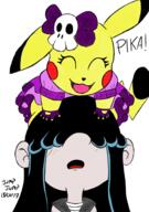 2017 artist:jumpjump blushing bow character:lucy_loud crossover dialogue dress eyes_closed open_mouth pikachu pokemon skull smiling text // 1280x1816 // 979KB