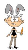 2017 animal_ears artist:scobionicle99 blushing bow bulge bunny_outfit bunny_suit bunnysuit carriot character:lincoln_loud collar coloring colorist:sleepylars corset crossdressing fishnets food heels solo stocking // 900x1600 // 401.1KB