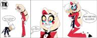 2023 artist:terrorking10 character:charlie_morningstar character:lincoln_loud crossover demon dialogue hazbin_hotel hugging size_difference tears text // 1432x558 // 420KB