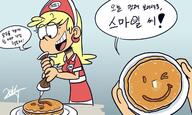 2016 alternate_outfit artist_request character:leni_loud dialogue food holding_object korean pancakes smiling text // 1280x768 // 150KB