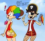 ! 2017 artist:scobionicle99 character:luan_loud character:luna_loud clown costume dialogue fishnets hat panties pirate text torn_clothes underwear wig // 1280x1152 // 257KB
