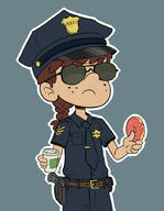 2016 artist:redkaze beverage character:lynn_loud coffee coloring donut food gun police police_uniform solo sunglasses // 700x900 // 374KB