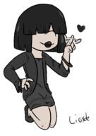 2017 aged_up alternate_hairstyle alternate_outfit artist:lioxdz character:lucy_loud hand_gesture hand_on_hip heart makeup on_knees smiling solo // 346x488 // 74KB