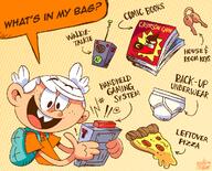 2017 artist:mast3r-rainb0w backpack character:lincoln_loud comic_book dialogue fairly_oddparents keys pizza solo text underwear video_game walkie_talkie // 730x590 // 374KB