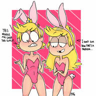 2017 animal_ears animal_tail arms_crossed artist:pyg blushing bulge bunny_ears bunny_tail bunnysuit character:lexx_loud character:lola_loud cleavage crossdressing dialogue embarrassed genderswap half-closed_eyes headband looking_down raised_eyebrow square_crossover text // 1000x1000 // 151KB